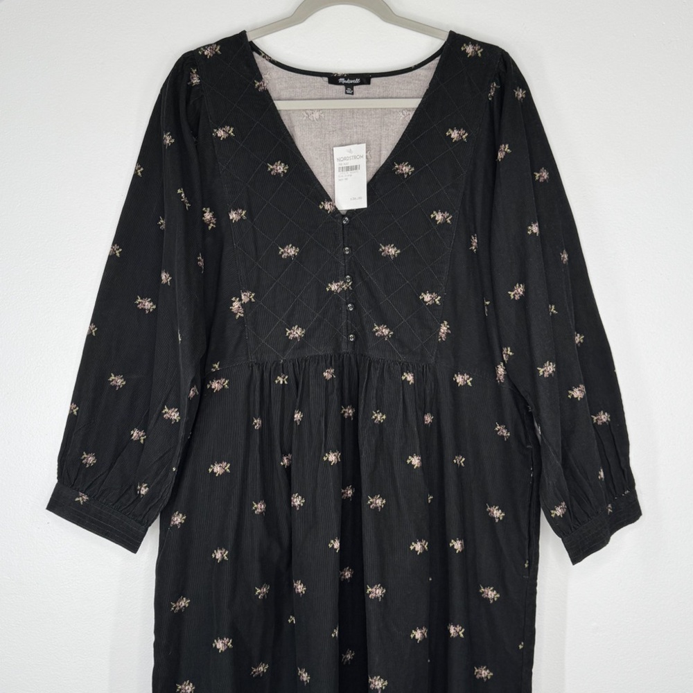 NWT Madewell Black Corduroy Mini Long Sleeve V-Neck Dress w/ Pockets Women’s XL - Picture 2 of 13